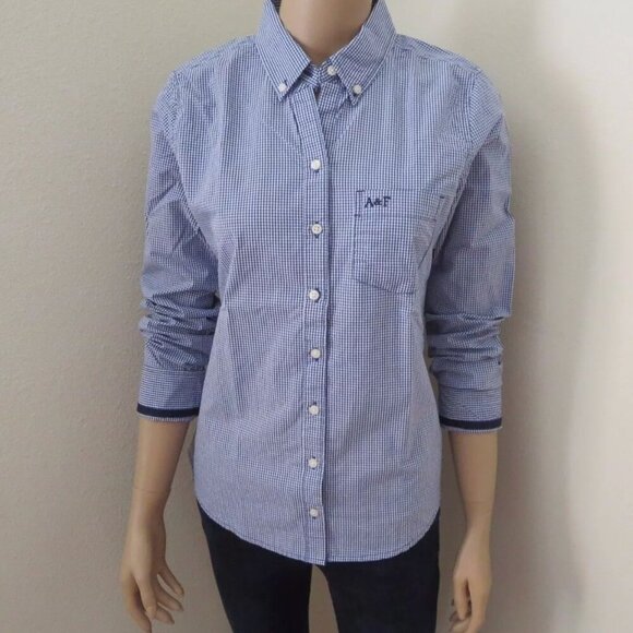 NWT Abercrombie Women Button Down Plaid Shirt Size Medium Checks Blue & White - Picture 1 of 7
